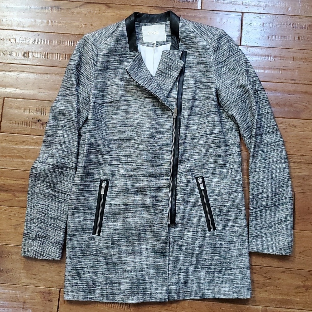 Maje Circus Gray Tweed Linen Jacket with Lambskin Black Trim